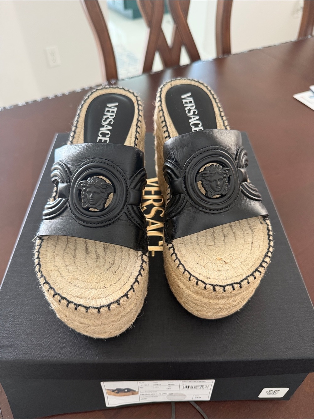 Versace Black Leather Medusa Espadrille Platform Slide Sandals